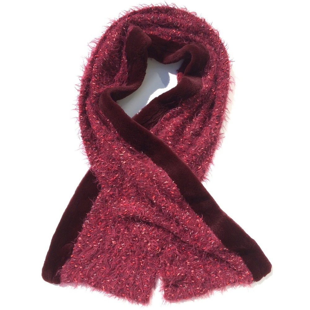 Mobwife fur trim scarf burgundy red handmade convertible soft warm neckwarmer